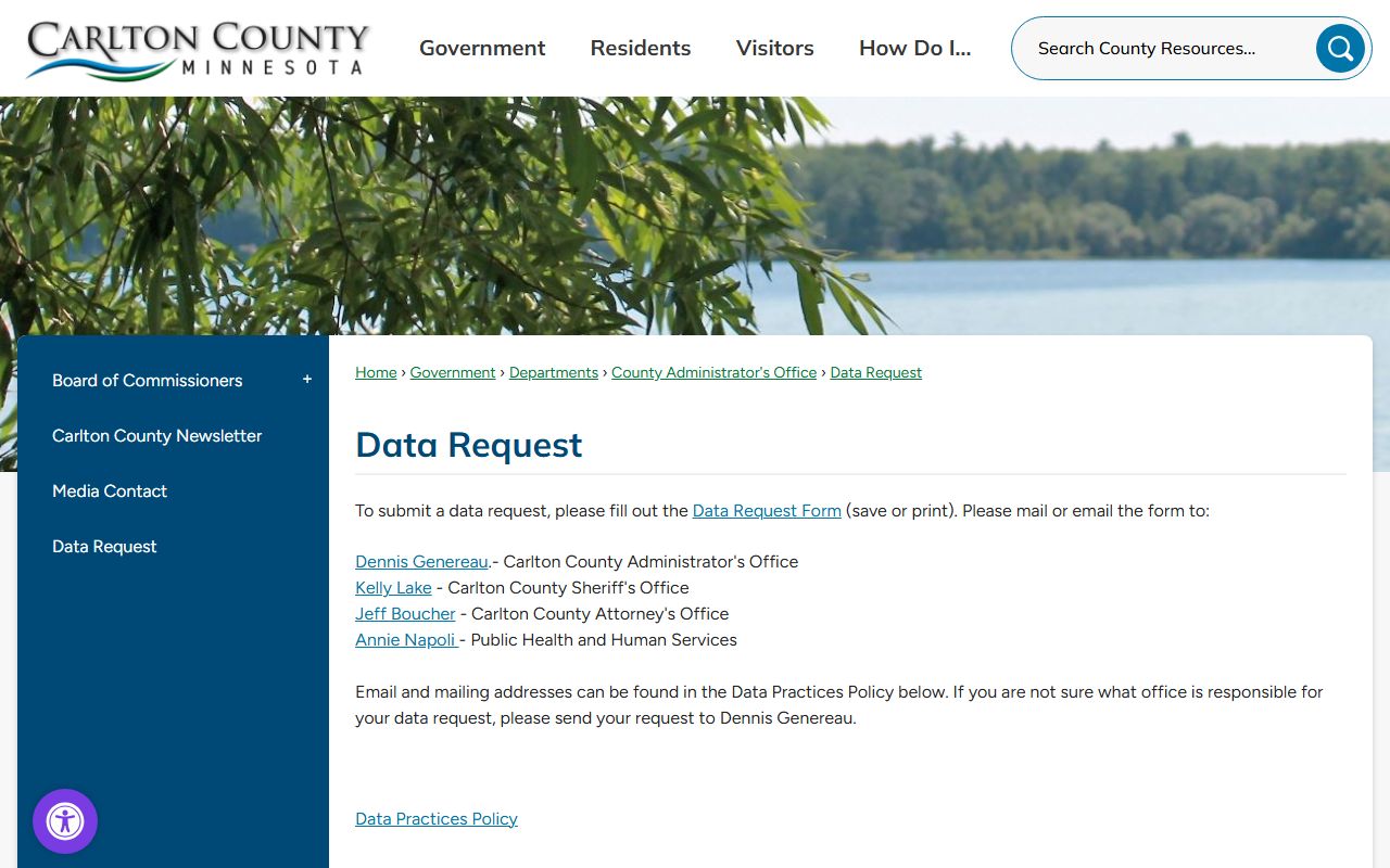 Carlton County data request page for jail mugshot records
