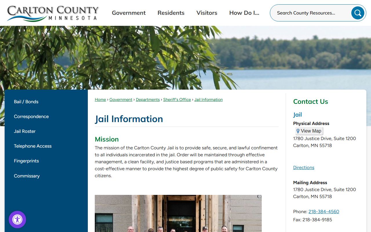 Carlton County Jail information page with visitation and jail details