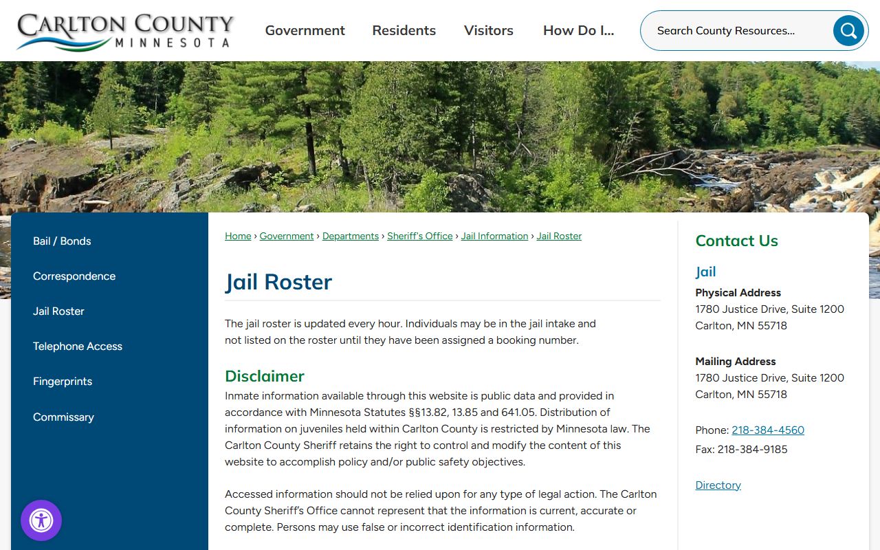 Carlton County jail roster page for inmate population search